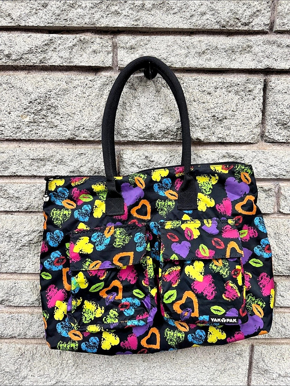 Yak Pak Y2K Black Heart & Lips Neon Tote Bag 16” Multicolor Shoulder Bag